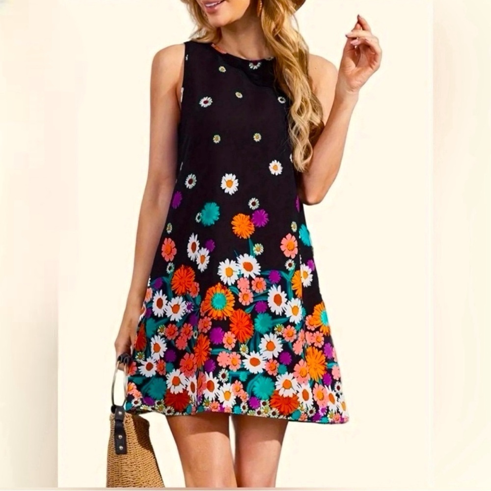 Boho Floral Sleeveless Black Dress